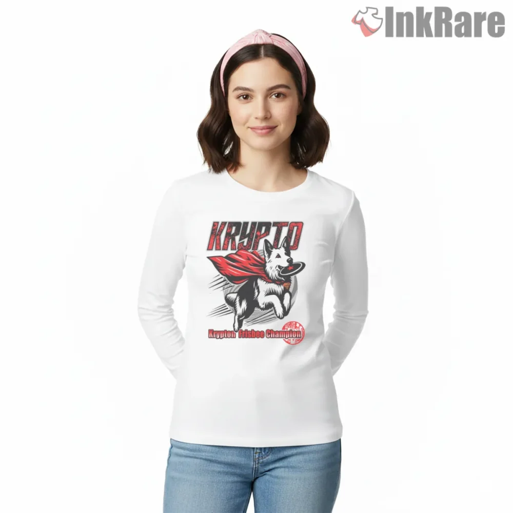 Krypto Superdog Flying Hero Comic Style Superman Shirt on white long sleeve shirt for women graphic tee