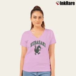 Women’s Kubasaki High School Dragon Mascot Jumper V-Neck Tee in light pink | Chic Neckline, Soft Texture