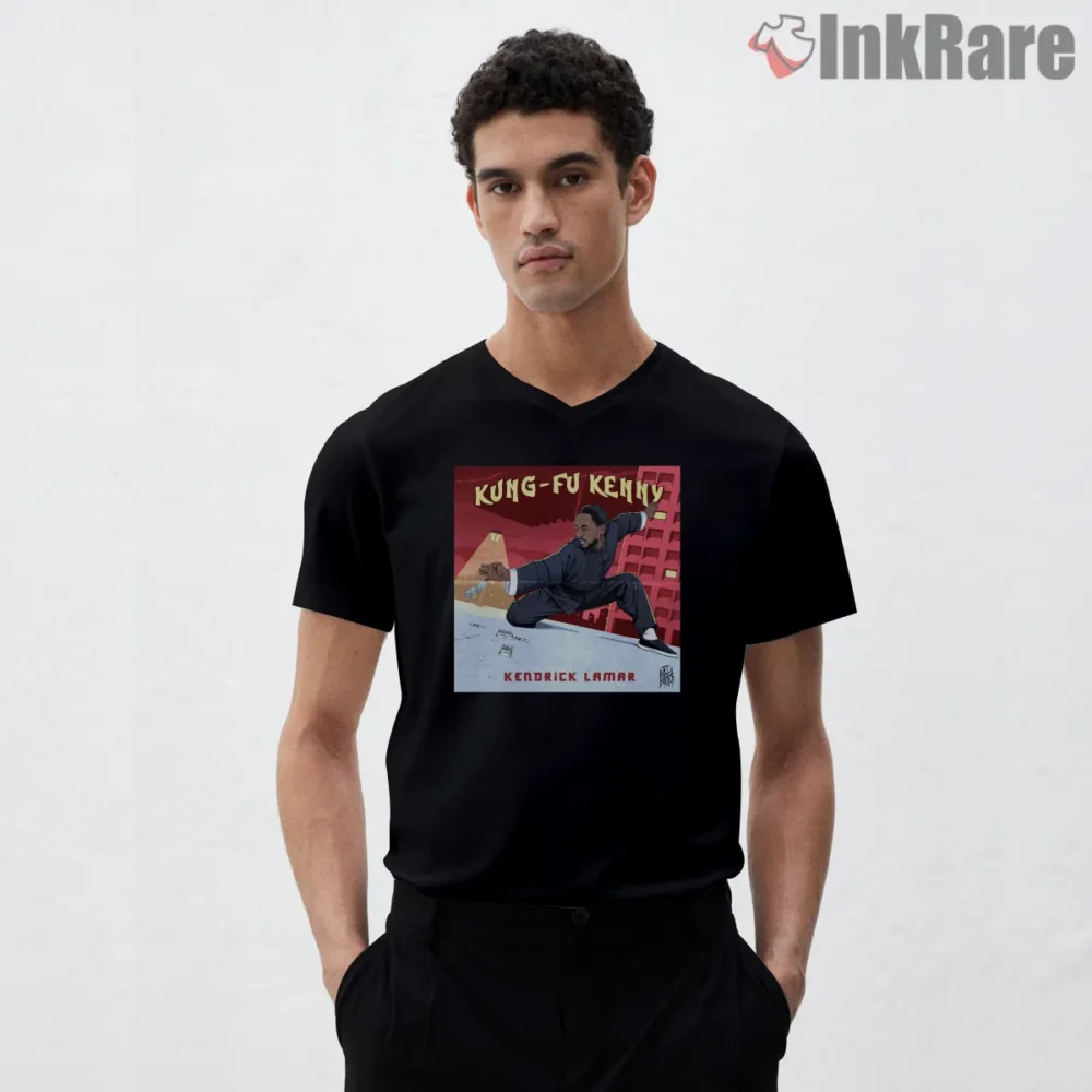 Kung Fu Kenny Kendrick Lamar Rooftop Fight Stance Shirt on black v-neck shirt for men graphic tee
