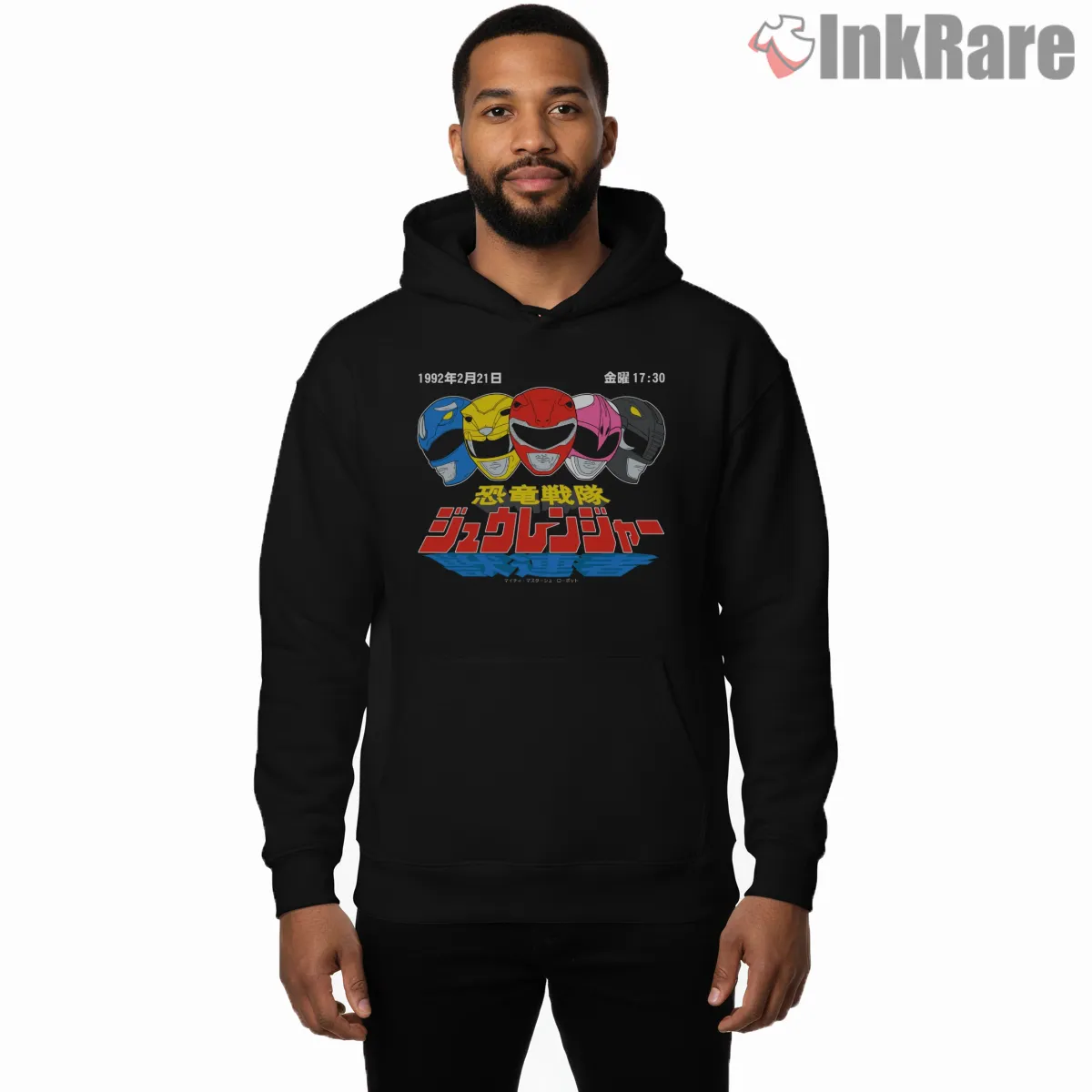 Kyoryu Sentai Zyuranger Retro Helmet Lineup Shirt on black hoodie for men graphic tee
