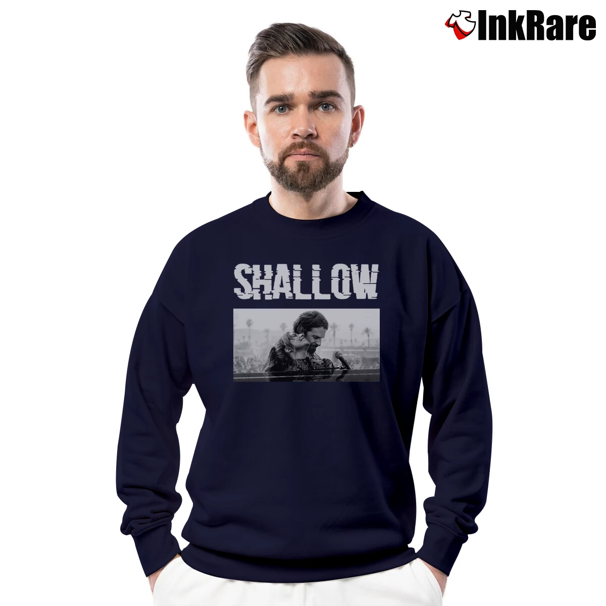 Men’s Lady Gaga Bradley Cooper Shallow Movie Motivational Love Crewneck Sweatshirt in navy | Cozy Fabric, Clean Style