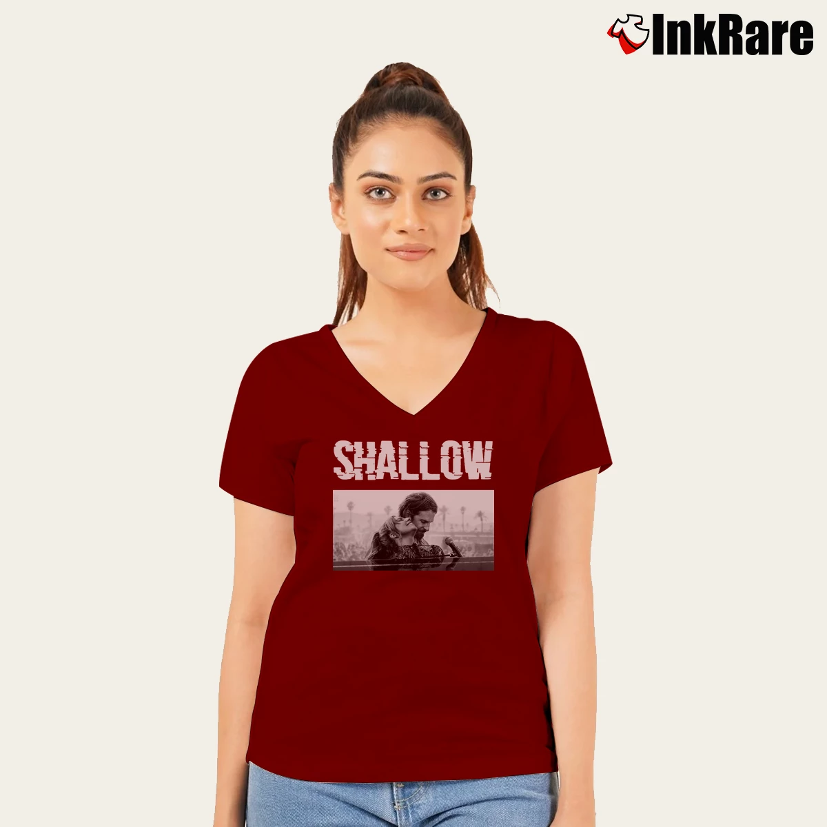 Women’s Lady Gaga Bradley Cooper Shallow Movie Motivational Love V-Neck Tee in maroon | Chic Neckline, Soft Texture