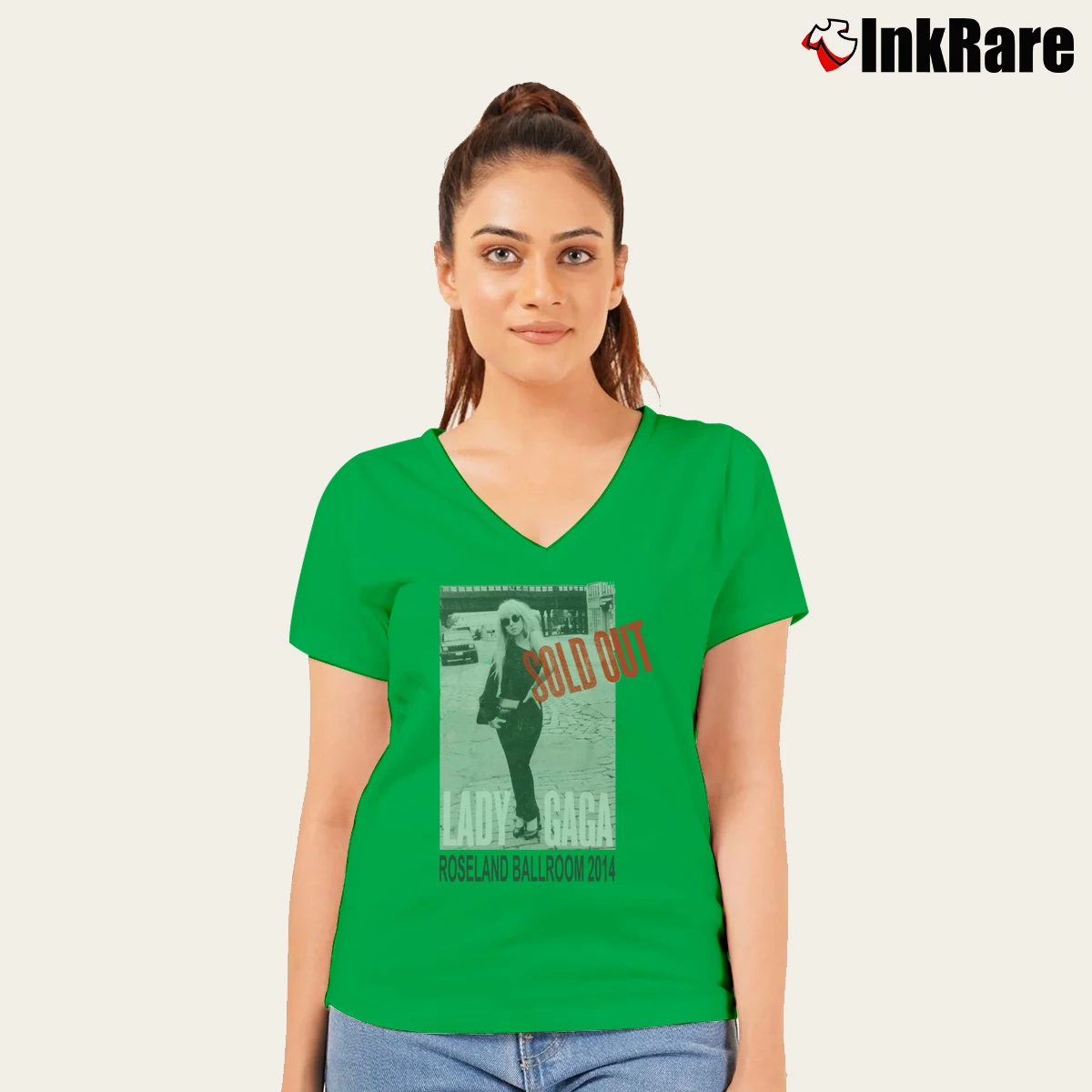 Lady Gaga Sold Out Roseland Event Women’s V-Neck Tee in irish green – Flattering Fit Women’s Lady Gaga Sold Out Roseland Event V-Neck Tee in irish green | Chic Neckline, Soft Texture