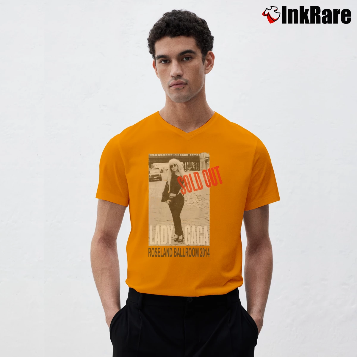 Lady Gaga Sold Out Roseland Event Men’s V-Neck Tee in orange – Modern Essential Men’s Lady Gaga Sold Out Roseland Event V-Neck Tee in orange | Sharp, Breathable, Everyday Staple