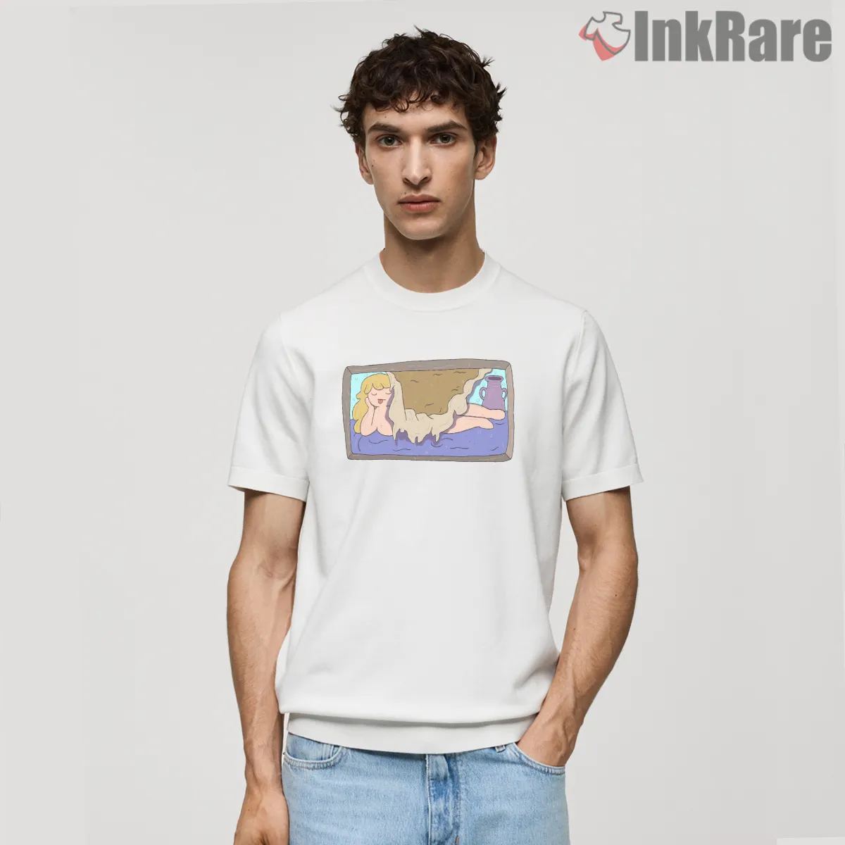 Lady Rainicorn Classic Painting Parody Cartoon Short Sleeve White Lady Rainicorn Classic Painting Parody Cartoon Shirt on white short sleeve shirt for men graphic tee