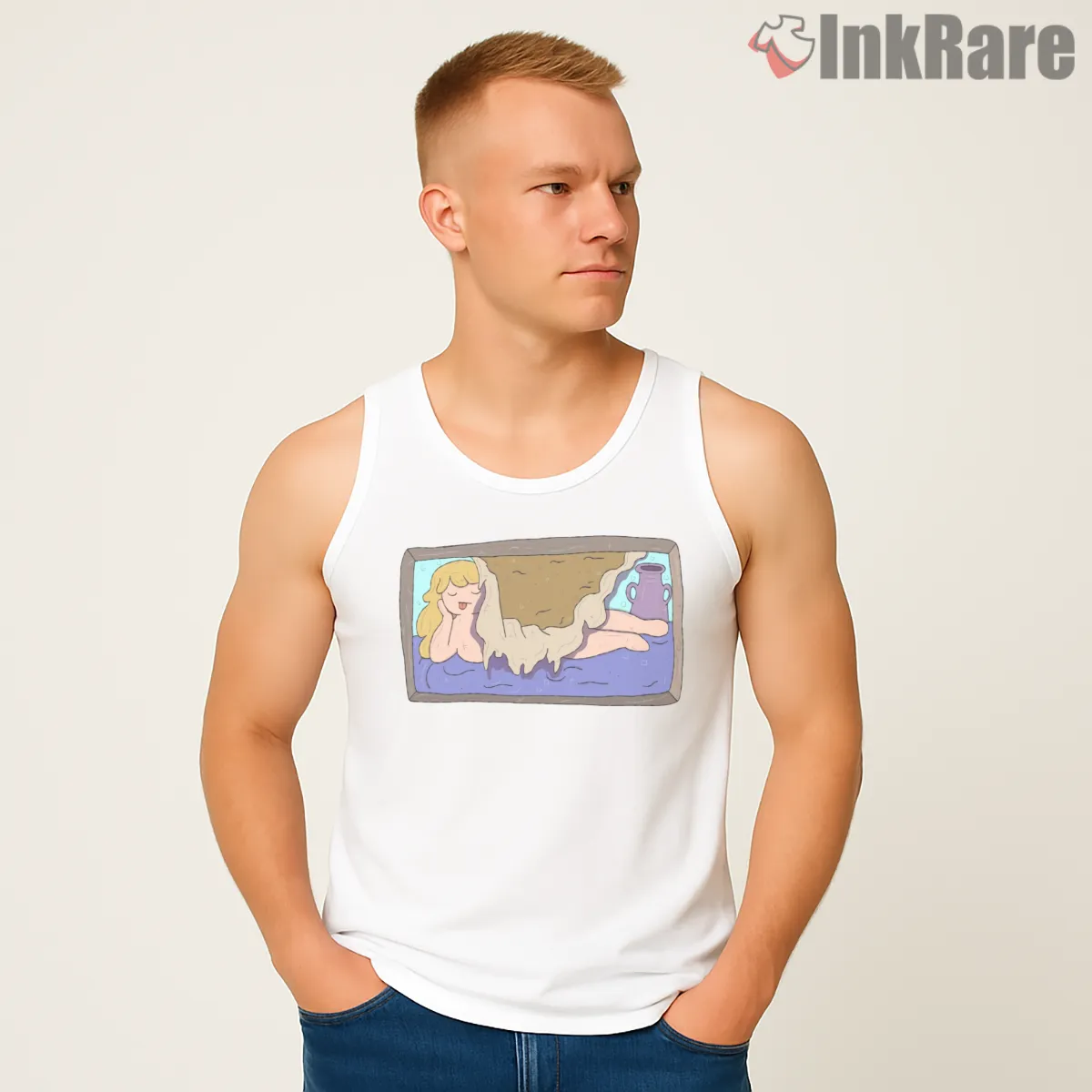 Lady Rainicorn Classic Painting Parody Cartoon Tank Top White Lady Rainicorn Classic Painting Parody Cartoon Shirt on white tank top for men graphic tee