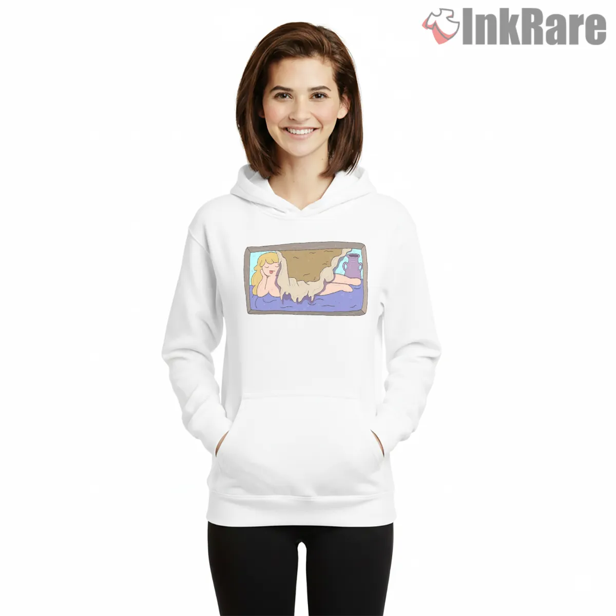 Lady Rainicorn Classic Painting Parody Cartoon Hoodie White Lady Rainicorn Classic Painting Parody Cartoon Shirt on white hoodie for women graphic tee