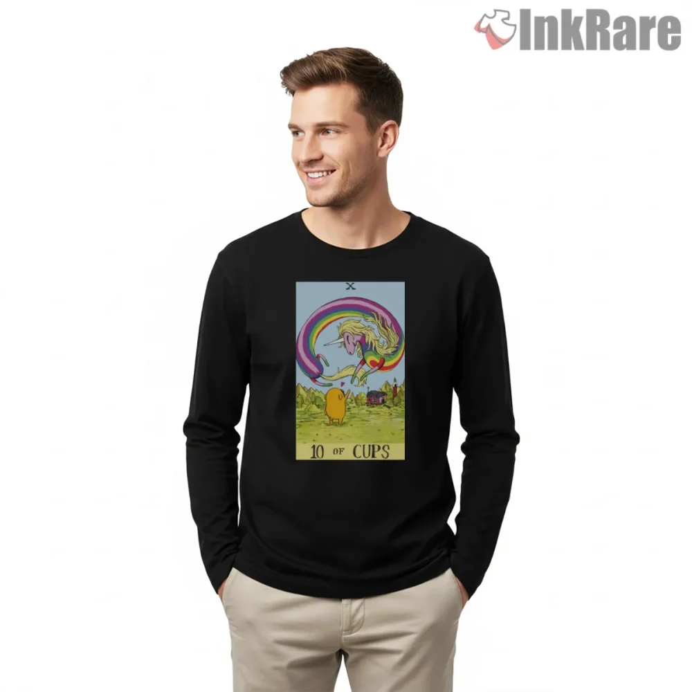 Lady Rainicorn Tarot Card Ten Of Cups Cartoon Shirt on black long sleeve shirt for men graphic tee