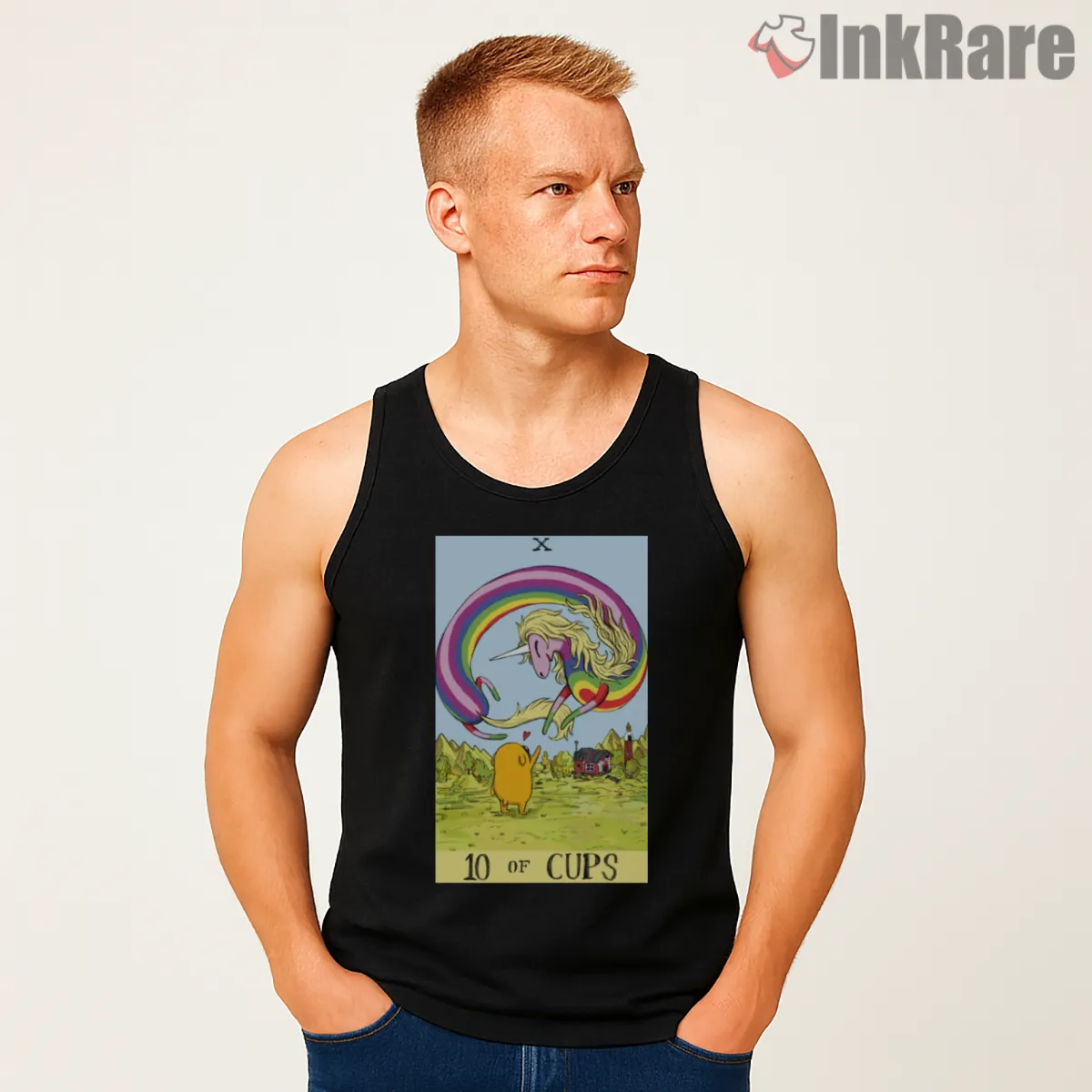 Lady Rainicorn Tarot Card Ten Of Cups Cartoon Tank Top Black Lady Rainicorn Tarot Card Ten Of Cups Cartoon Shirt on black tank top for men graphic tee