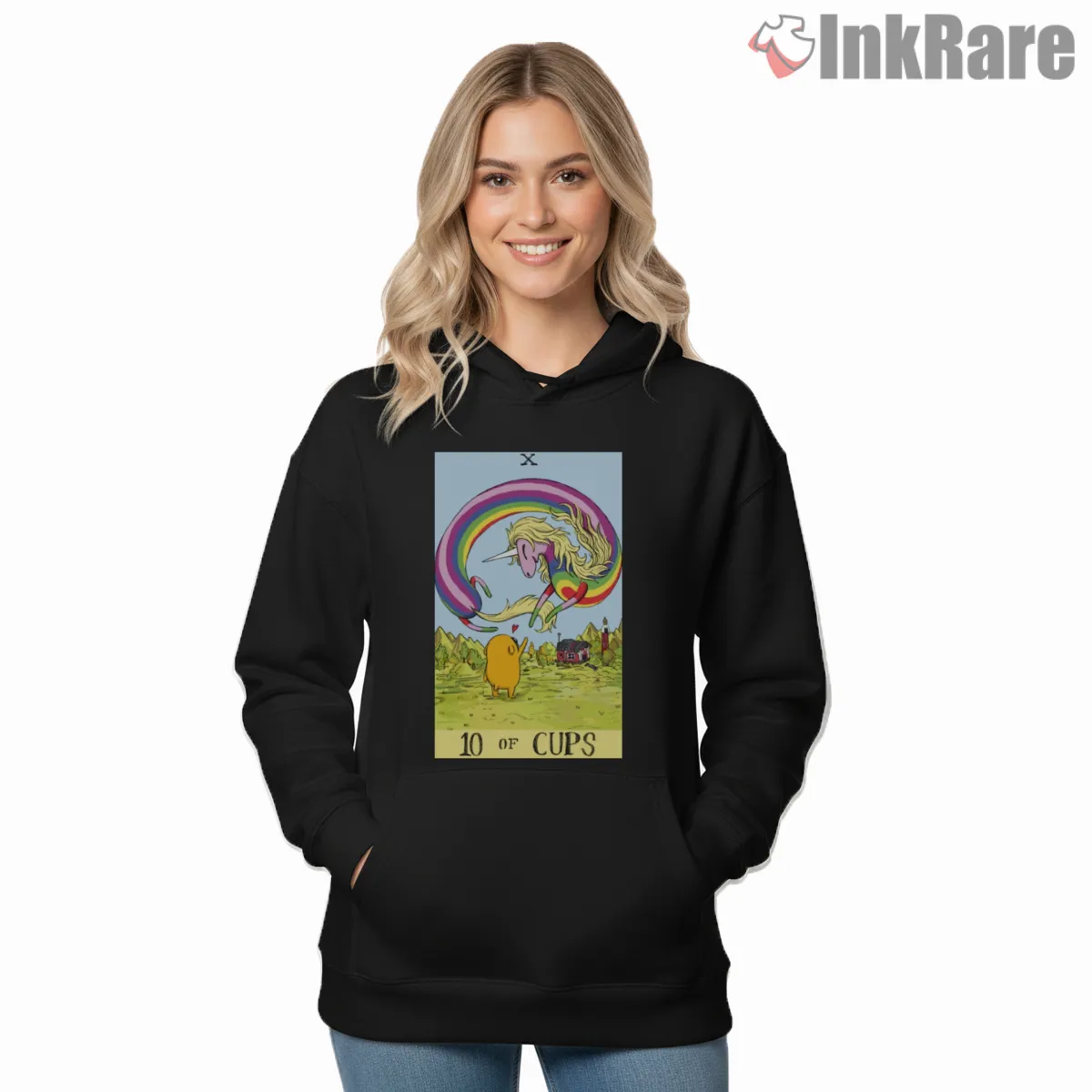 Lady Rainicorn Tarot Card Ten Of Cups Cartoon Hoodie Black Lady Rainicorn Tarot Card Ten Of Cups Cartoon Shirt on black hoodie for women graphic tee