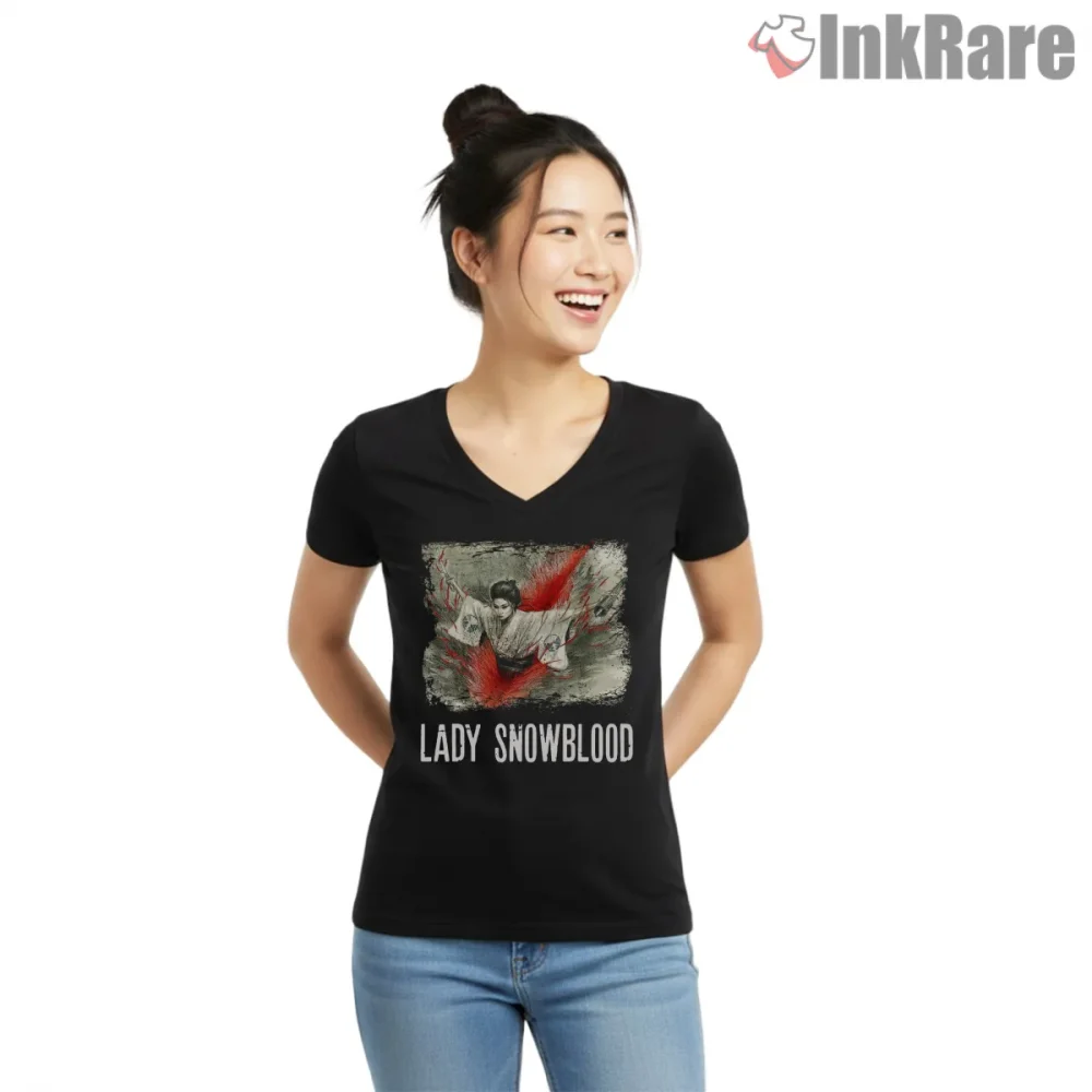 Lady Snowblood Inspired Kill Bill Cherry Blossom Samurai Shirt on black v-neck shirt for women graphic tee