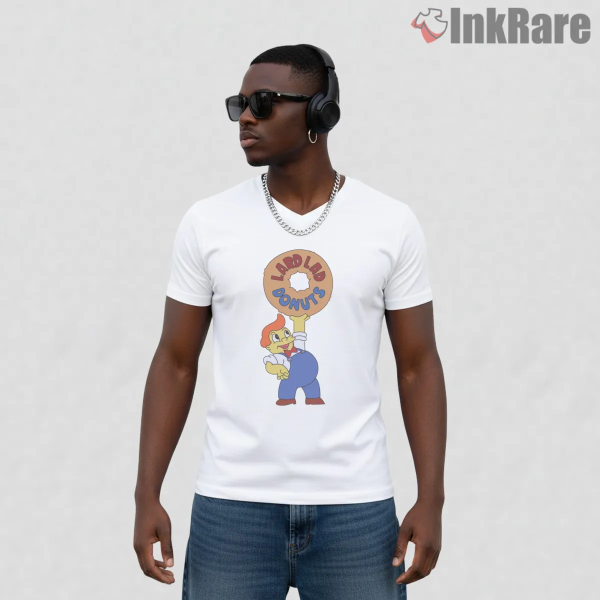 Lard Lad Donuts Classic Springfield Mascot Logo V Neck White Lard Lad Donuts Classic Springfield Mascot Logo Shirt on white v-neck shirt for men graphic tee
