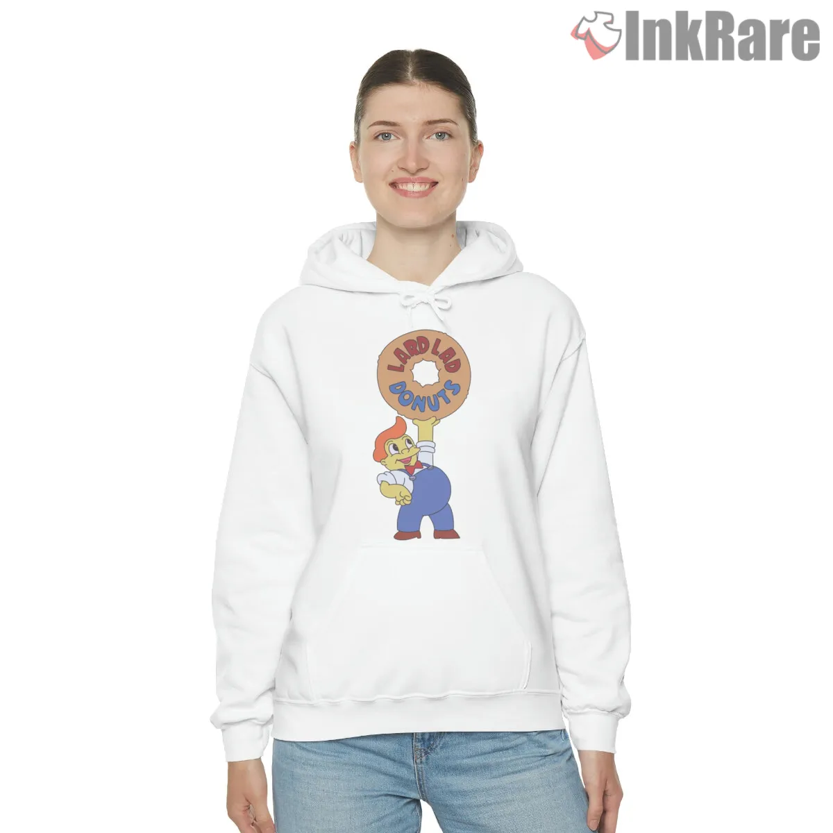 Lard Lad Donuts Classic Springfield Mascot Logo Hoodie White Lard Lad Donuts Classic Springfield Mascot Logo Shirt on white hoodie for women graphic tee