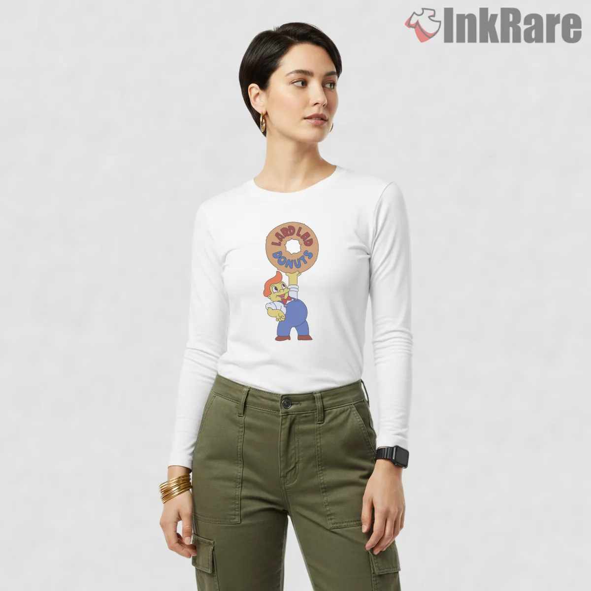 Lard Lad Donuts Classic Springfield Mascot Logo Long Sleeve White Lard Lad Donuts Classic Springfield Mascot Logo Shirt on white long sleeve shirt for women graphic tee