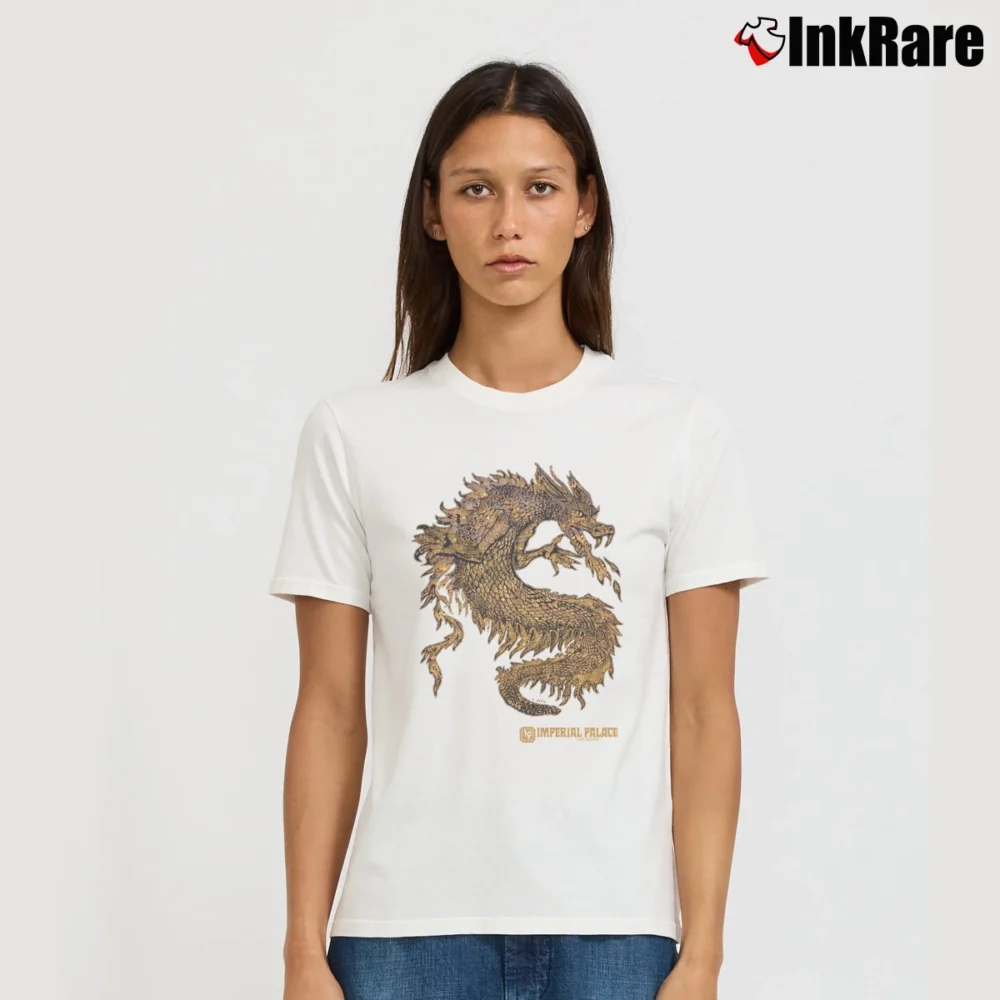 Women’s Las Vegas Imperial Palace Gold Dragon Glitter Signature T-Shirt in white | Soft, Flattering Fit