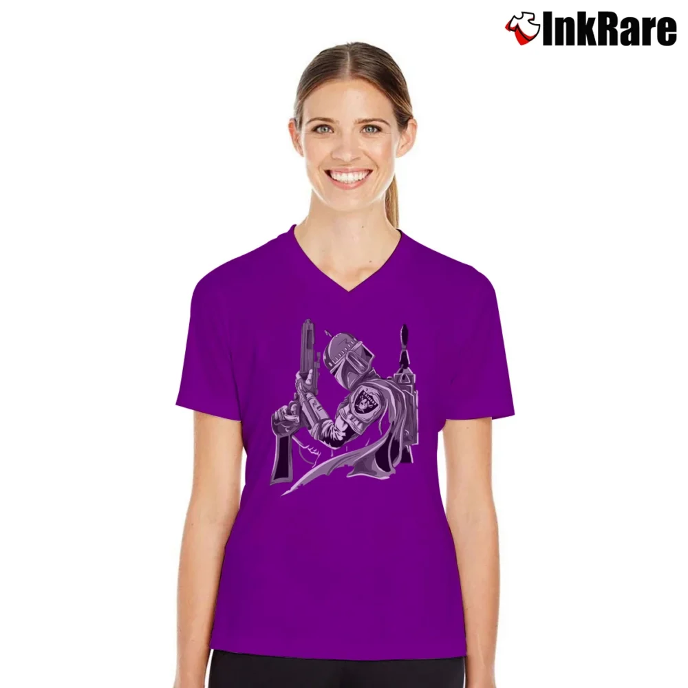 Women’s Las Vegas Raiders Boba Fett Star Wars NFL V-Neck Tee in purple | Chic Neckline, Soft Texture