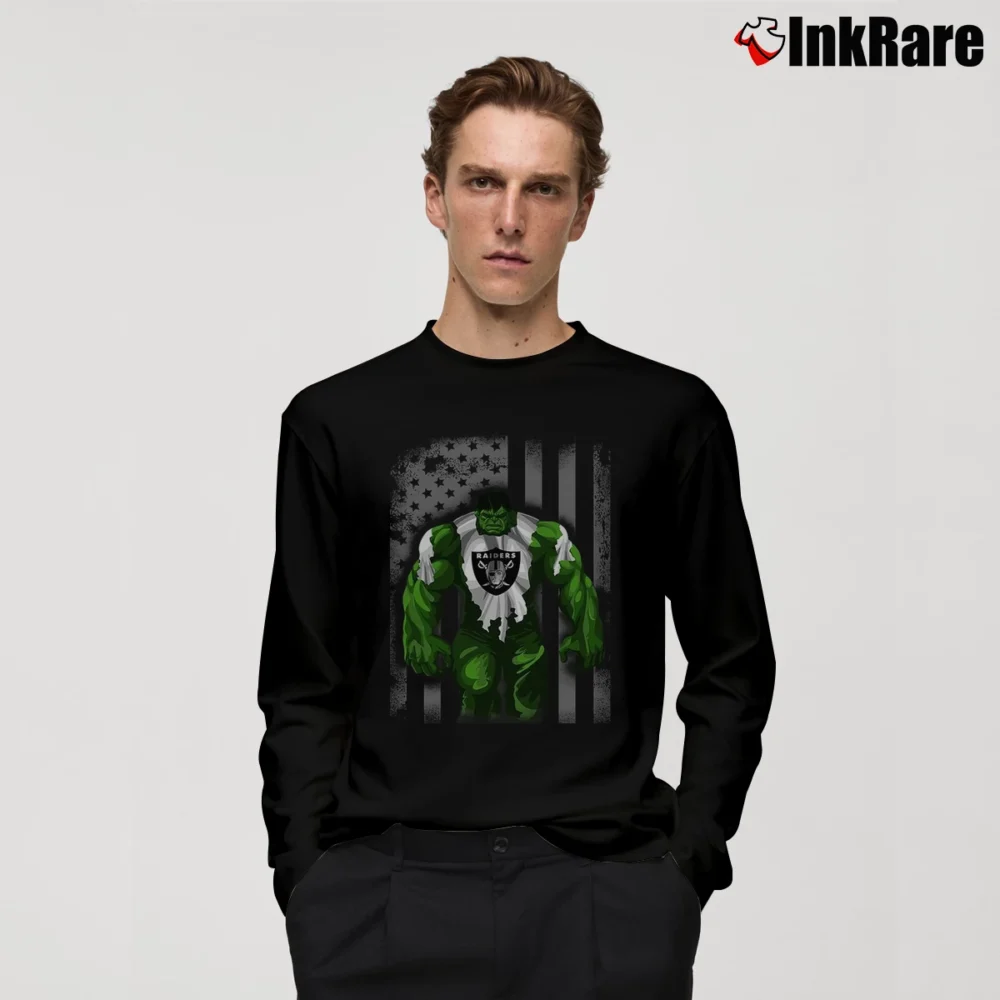 Men’s Las Vegas Raiders Hulk DC Marvel Superhero Crossover Long-Sleeve Shirt in black | Sleek, Lightweight, Year-Round Wear