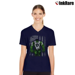 Women’s Las Vegas Raiders Hulk DC Marvel Superhero Crossover V-Neck Tee in navy | Chic Neckline, Soft Texture
