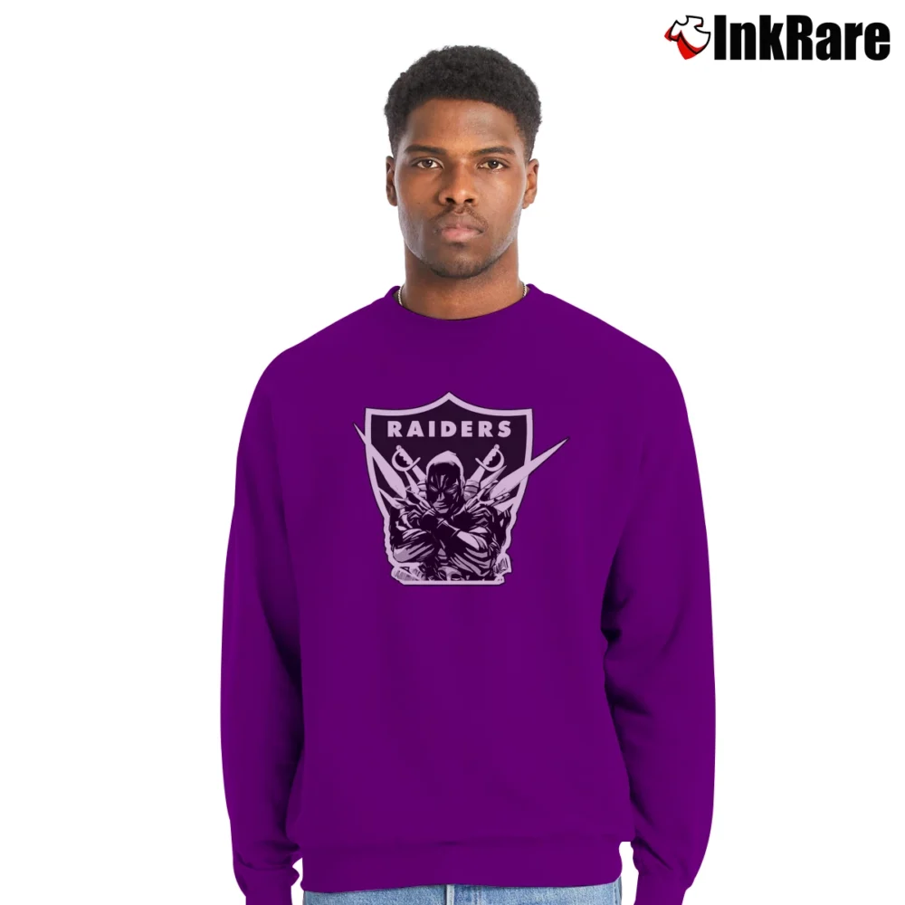 Men’s Las Vegas Raiders NFL Deadpool Marvel Crossover Crewneck Sweatshirt in purple | Cozy Fabric, Clean Style