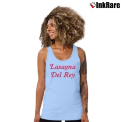 Women’s Lasagna Del Rey Funny Foodie Parody Tank Top in light blue | Lightweight, Movement-Friendly
