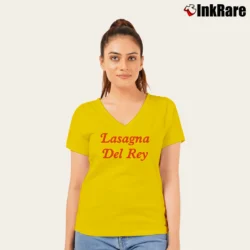 Women’s Lasagna Del Rey Funny Foodie Parody V-Neck Tee in yellow | Chic Neckline, Soft Texture