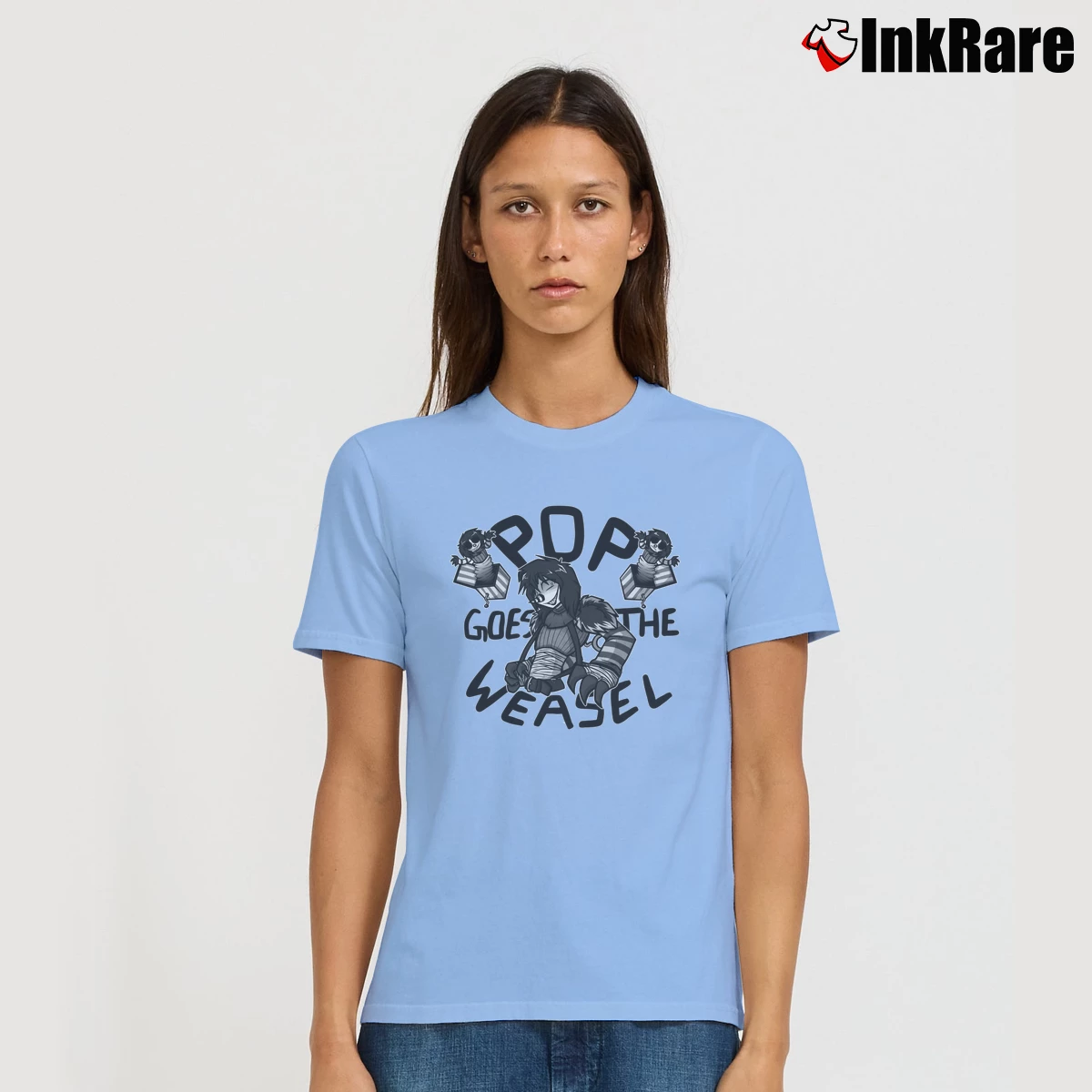 Women’s Laughing Jack Pop Goes The Weasel Signature T-Shirt in light blue | Soft, Flattering Fit