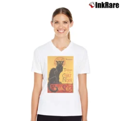 Women’s Le Chat Noir The Black Cat Steinlen V-Neck Tee in white | Chic Neckline, Soft Texture