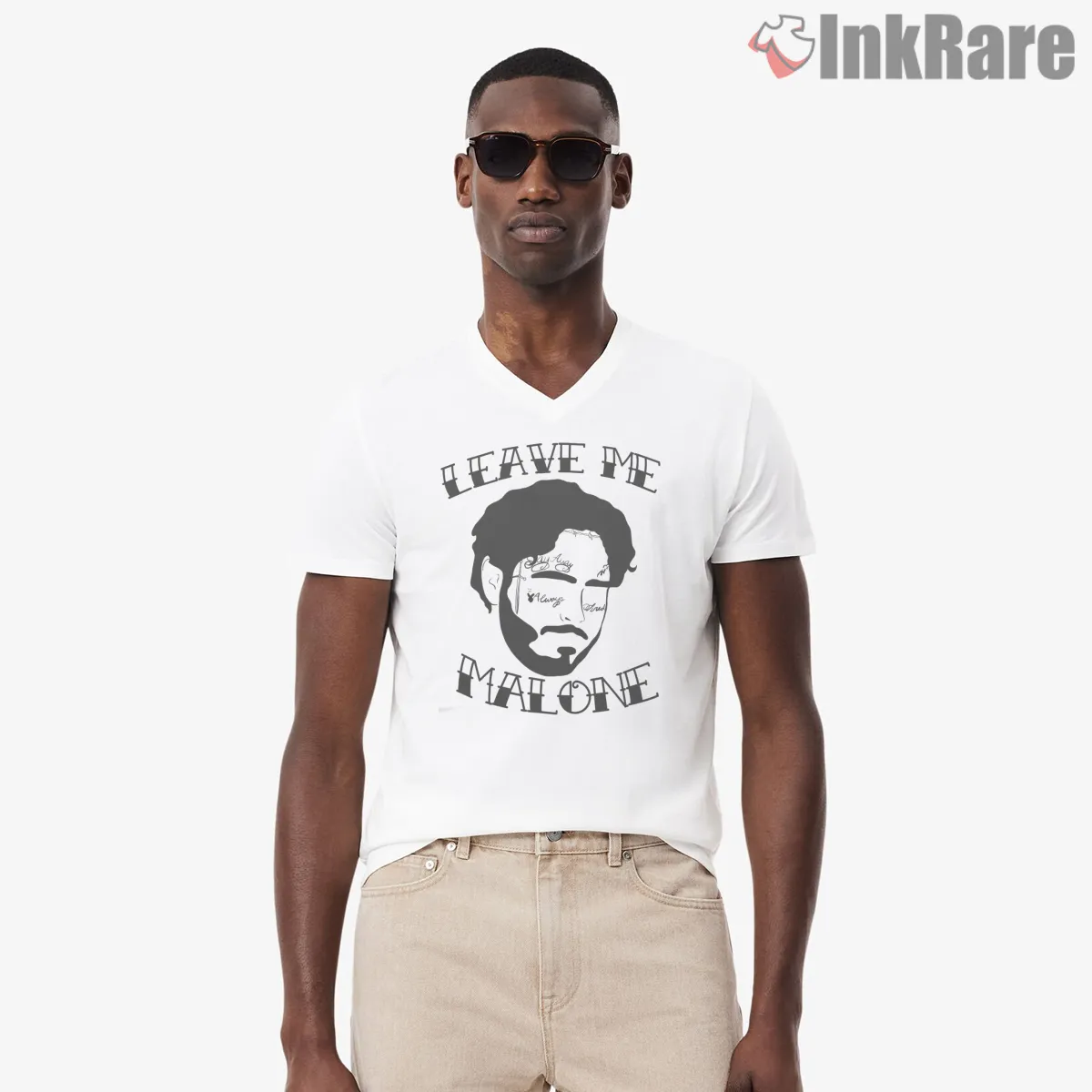 Leave Me Malone Funny Post Malone Pun V Neck White Leave Me Malone Funny Post Malone Pun Shirt on white v-neck shirt for men graphic tee