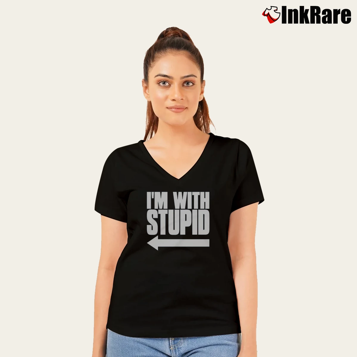 Left Arrow I’m With Stupid Dumb And Dumber Women’s V-Neck Tee in black – Flattering Fit Women’s Left Arrow I'm With Stupid Dumb And Dumber V-Neck Tee in black | Chic Neckline, Soft Texture