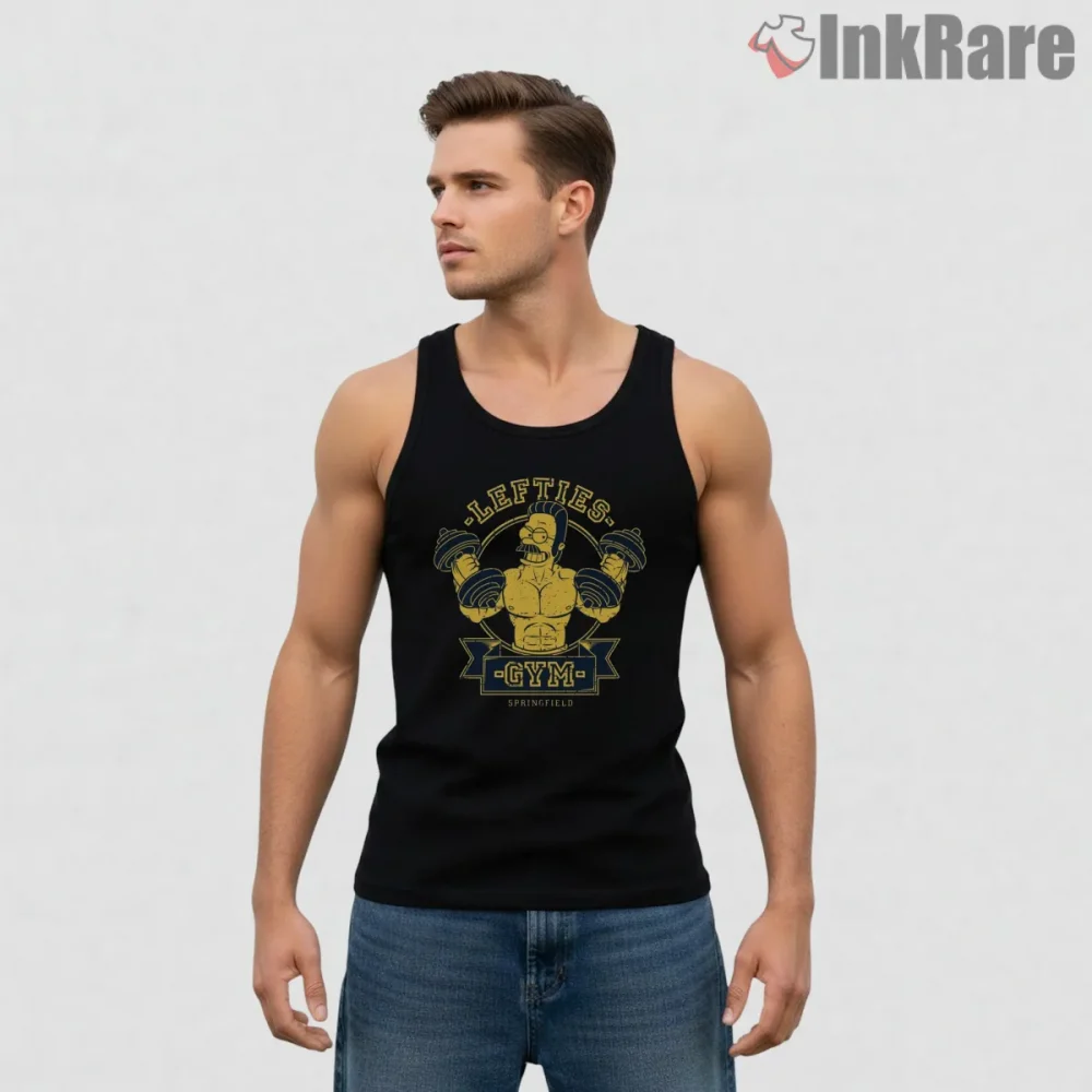 Lefties Gym Buff Ned Flanders Fitness Cartoon Shirt on black tank top for men graphic tee