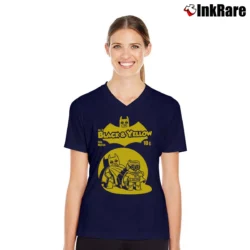 Women’s Lego Batman Movie Black Yellow Graphic V-Neck Tee in navy | Chic Neckline, Soft Texture