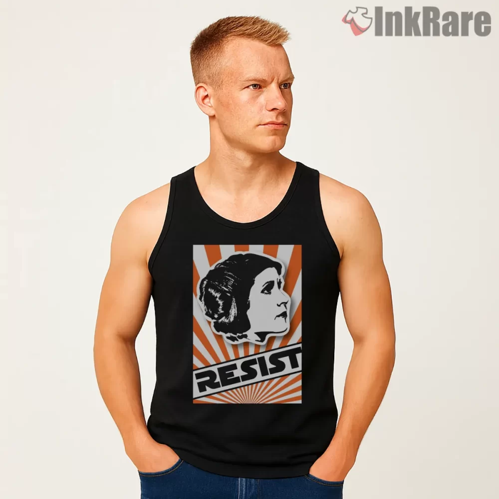 Leia Resist Propaganda Style Portrait Shirt on black tank top for men graphic tee