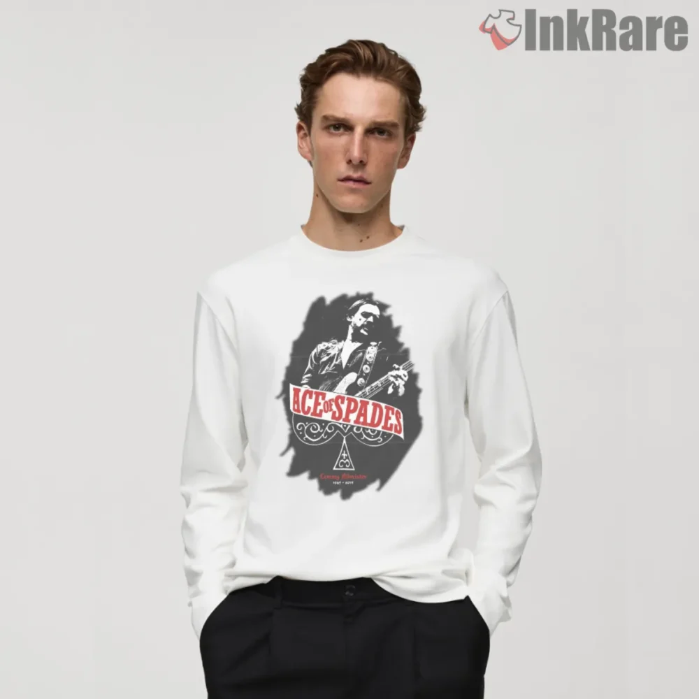 Lemmy Ace Of Spades Shirt on white with black and red graphic of Lemmy and ace emblem
