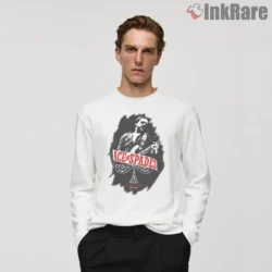 Lemmy Ace Of Spades Shirt on white with black and red graphic of Lemmy and ace emblem