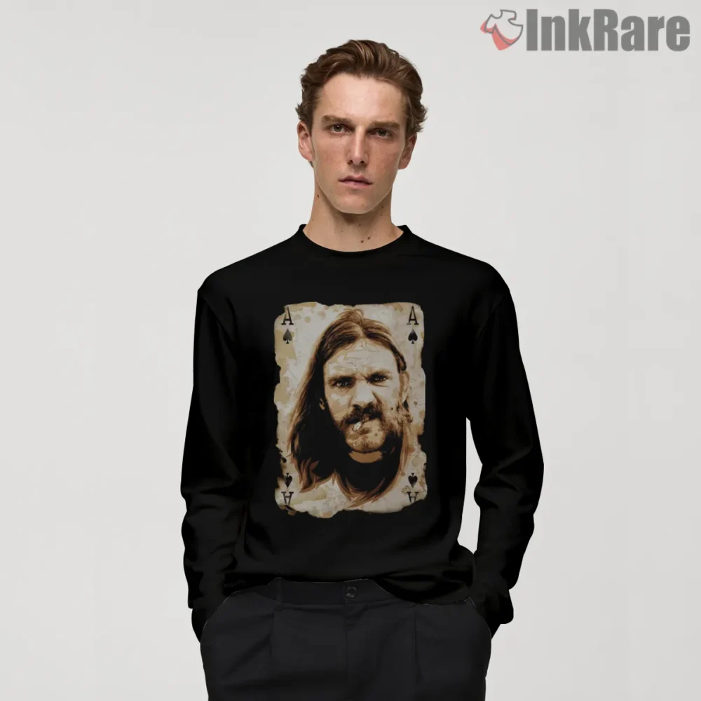 Lemmy Ace Of Spades Vintage Portrait Card Shirt on black long sleeve shirt for men graphic tee