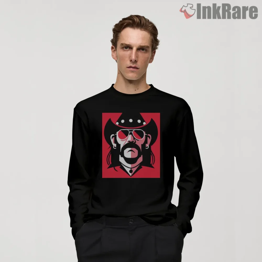 Lemmy Bold Red Portrait Icon Graphic Shirt on black long sleeve shirt for men graphic tee