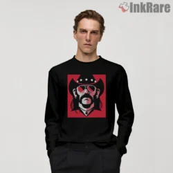 Lemmy Bold Red Portrait Icon Graphic Shirt on black long sleeve shirt for men graphic tee