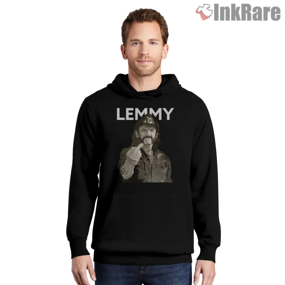 Lemmy Classic Black And White Finger Point Shirt on black hoodie for men graphic tee