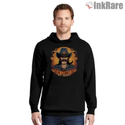 Lemmy In Lemmy We Trust Western Badge Artwork Shirt on black hoodie for men graphic tee