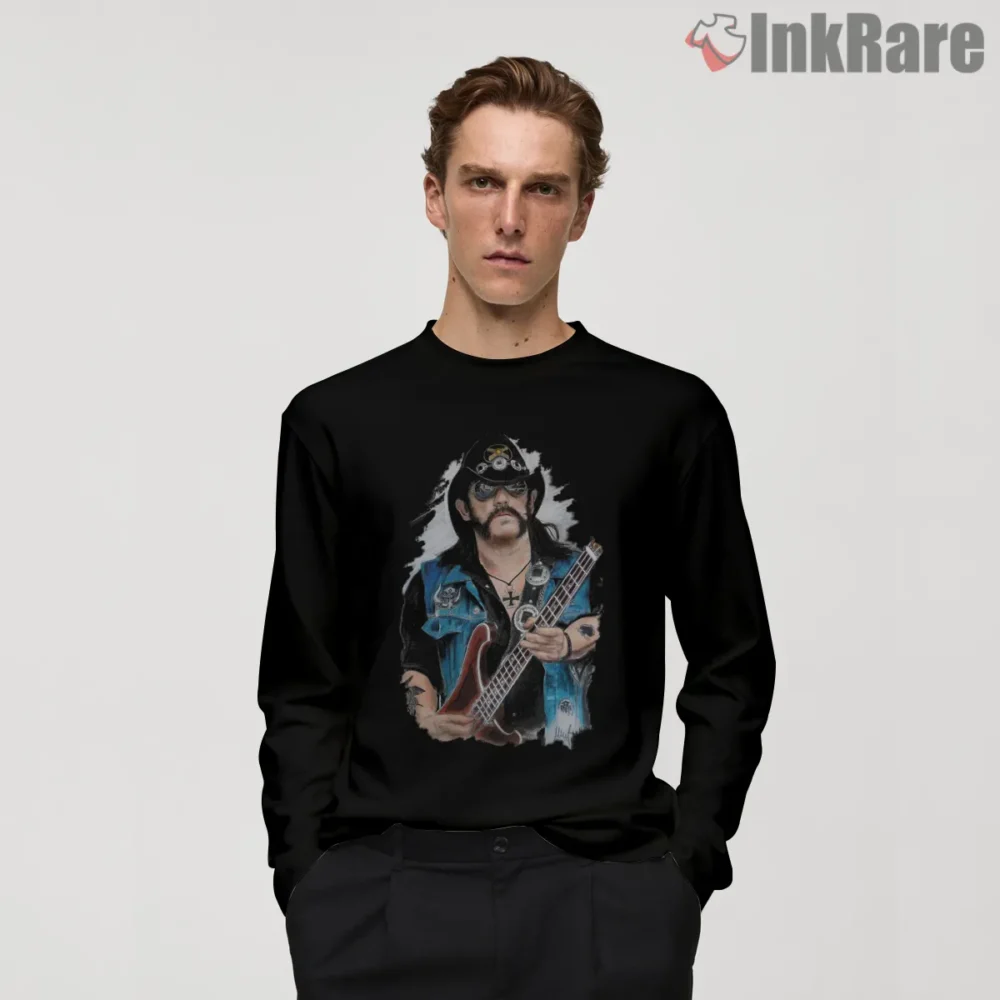Lemmy Kilmister Rock And Roll Eighty Eight Bass Portrait Shirt on black long sleeve shirt for men graphic tee