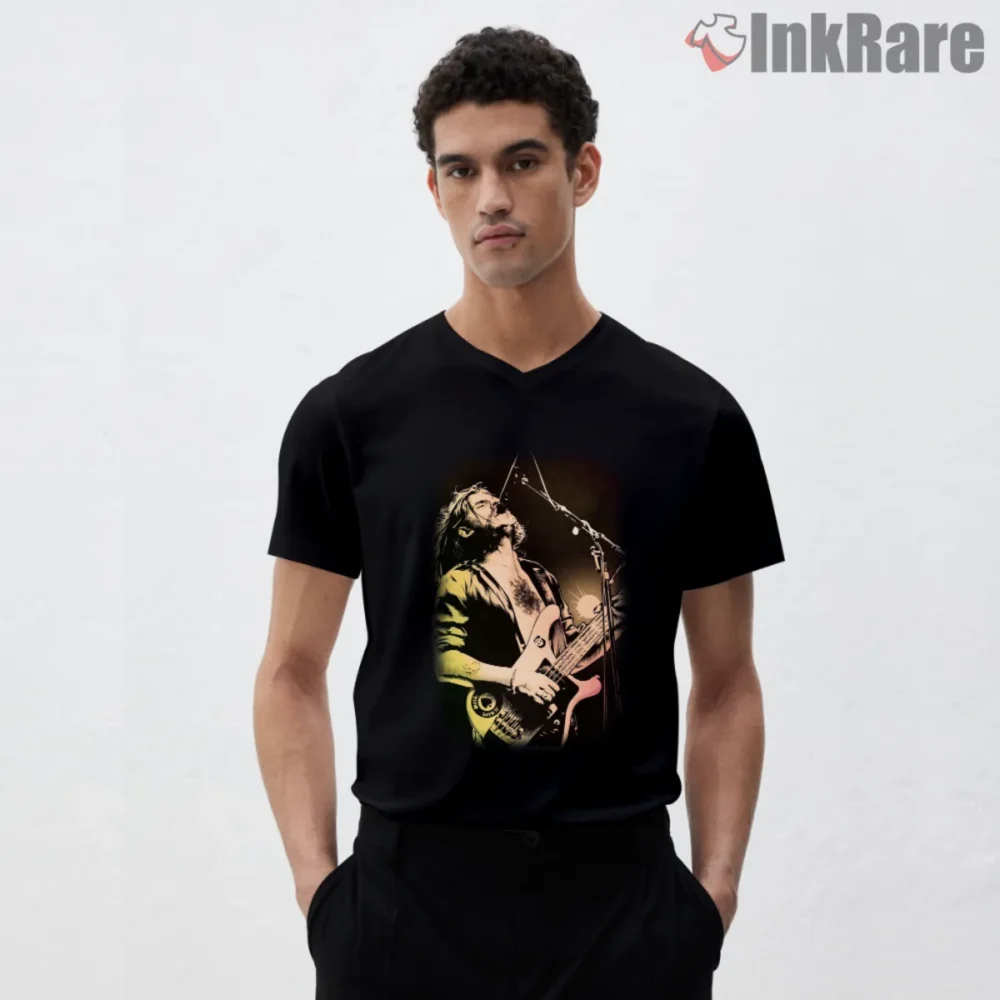 V neck black tee with Lemmy Kilmister vintage concert graphic