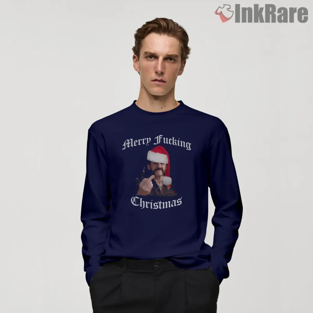 Lemmy Merry Fucking Christmas Santa Hat Shirt on navy long sleeve shirt for men graphic tee