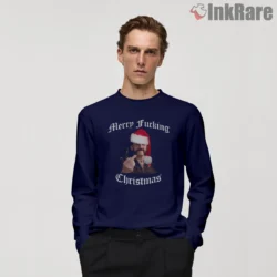 Lemmy Merry Fucking Christmas Santa Hat Shirt on navy long sleeve shirt for men graphic tee