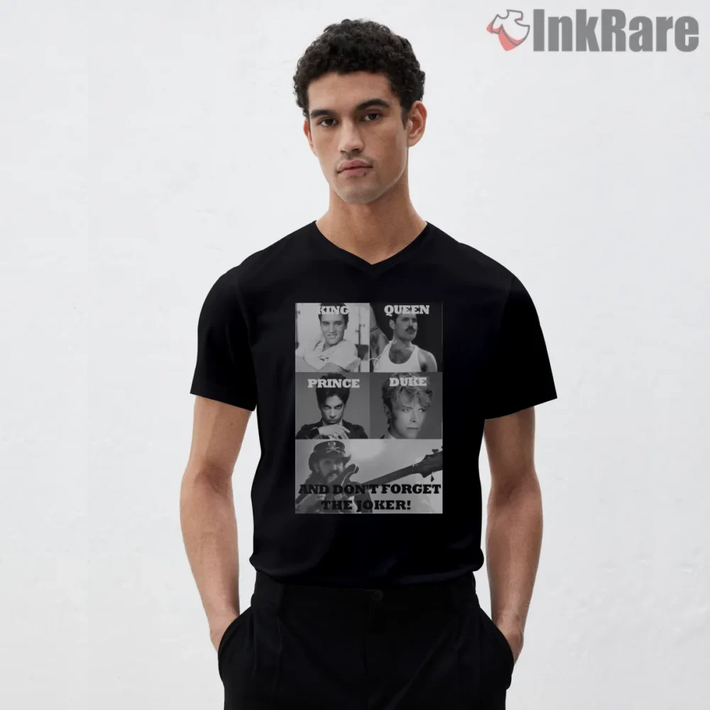 Lemmy Motorhead Rock Royalty Joker Card Shirt on black v-neck shirt for men graphic tee