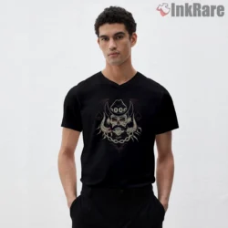 Lemmy Old School Skull And Spade Helmet Art Shirt on black v-neck shirt for men graphic tee