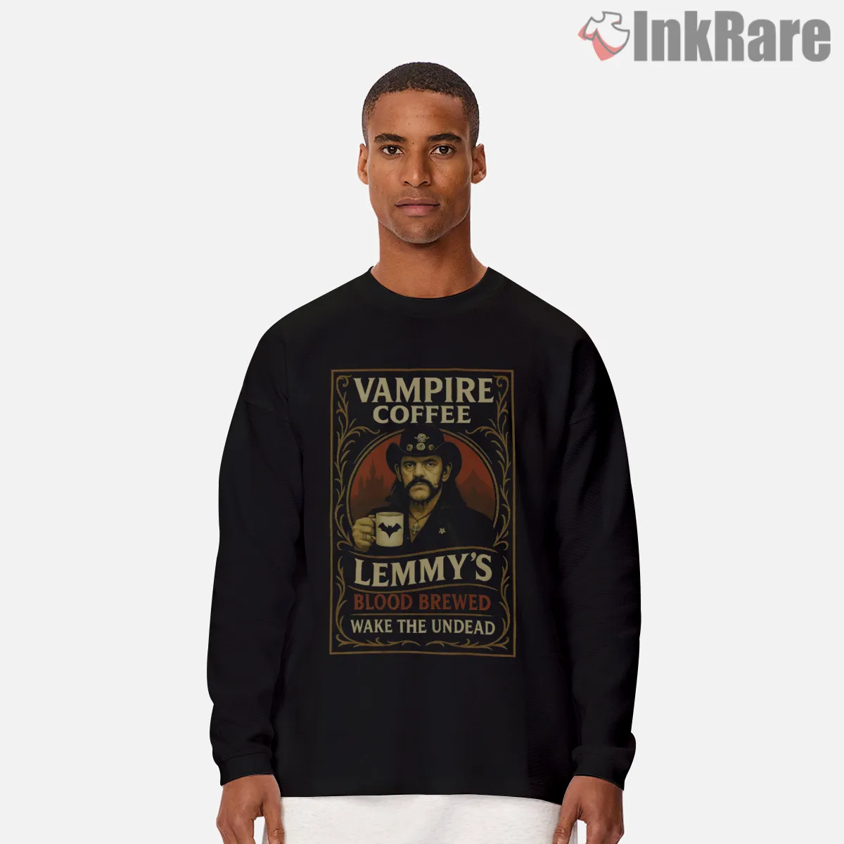 Lemmy Vampire Coffee Blood Brewed Cafe Shirt on black long sleeve shirt for men graphic tee