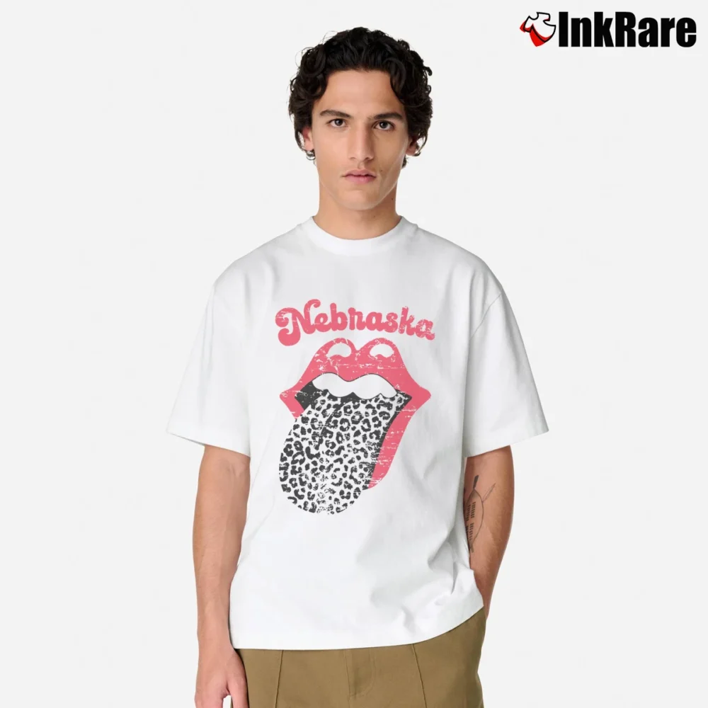 Men’s Leopard Tongue Rolling Stones Style Nebraska Huskers Classic T-Shirt in white | Soft, Breathable Everyday Wear