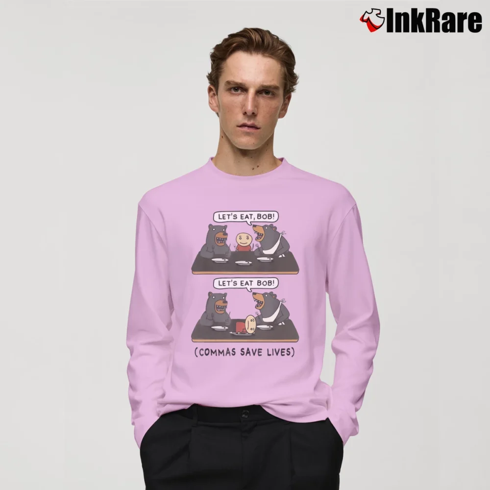 Men’s Let's Eat Bob Commas Save Lives Long-Sleeve Shirt in light pink | Sleek, Lightweight, Year-Round Wear