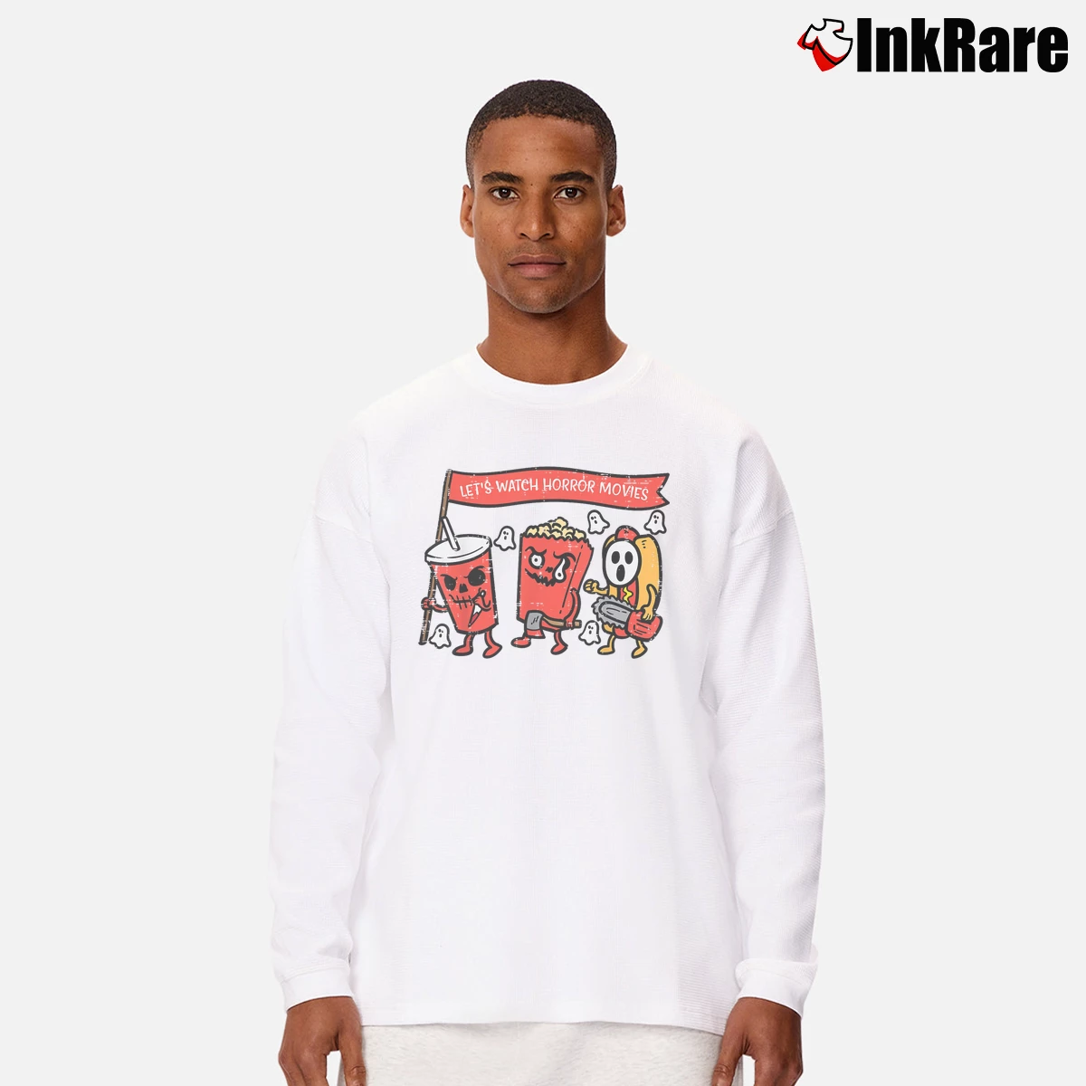 Men’s Lets Watch Horror Movies Funny Halloween Long-Sleeve Shirt in white | Sleek, Lightweight, Year-Round Wear