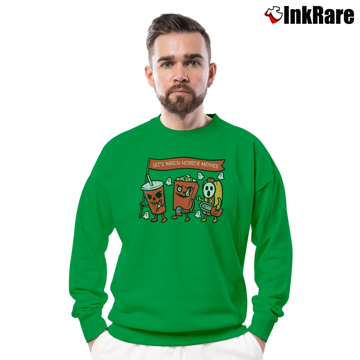 Men’s Lets Watch Horror Movies Funny Halloween Crewneck Sweatshirt in irish green | Cozy Fabric, Clean Style